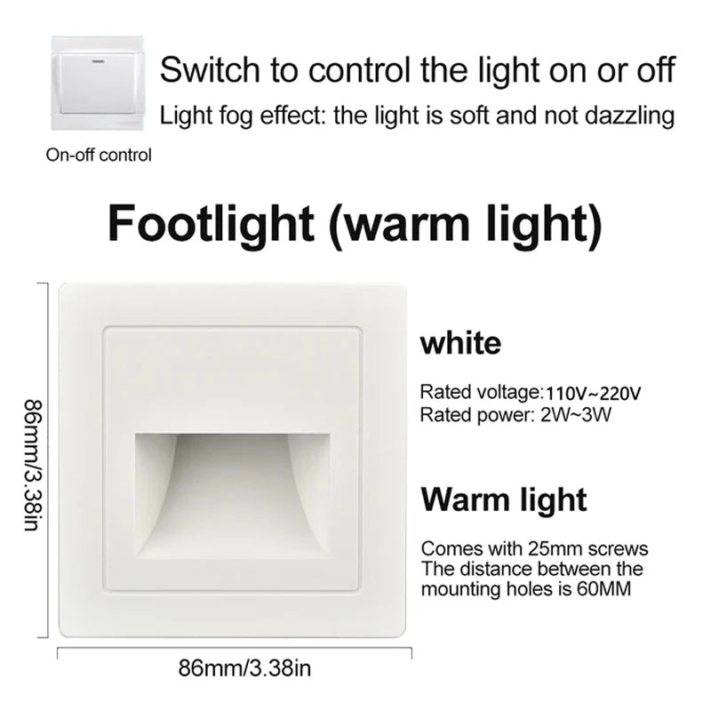 PIR Motion Sensor Recessed LED Night Light 86mm (3.4 in) AC 110-240V for Staircase Bedroom Hallway