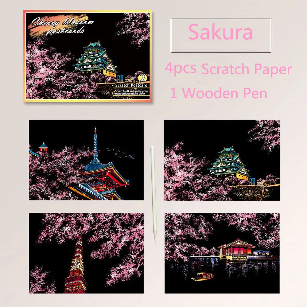 DIY Scratch Art Postcards A5 (20 x 14 cm | 7.9 x 5.5 in) 4‑Pack Night Scene Rainbow Scratch‑Off Sheets with Bamboo Stylus — Kids & Adult Craft Gift