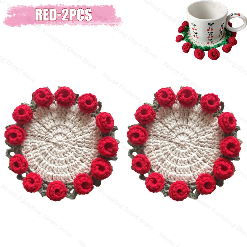Handmade Crochet Rose Coaster, Heat-Resistant Table Mat for Valentine's Day, Romantic Wedding Gift