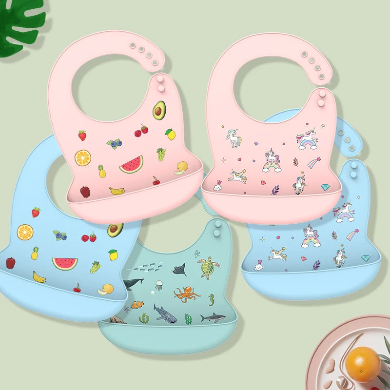 Silicone Baby Bib Waterproof Adjustable Cartoon Banana Feeding Bib with Pocket BPA-Free for 1-3 Years