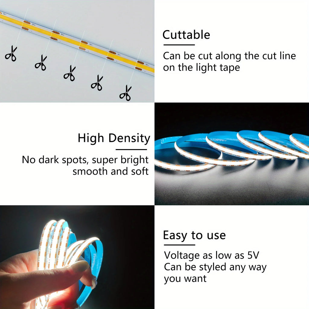 5V USB COB LED Strip Light Touch Dimmable - Flexible 1–5m (3.3–16.4 ft) Backlight for TV Mirror Cabinet