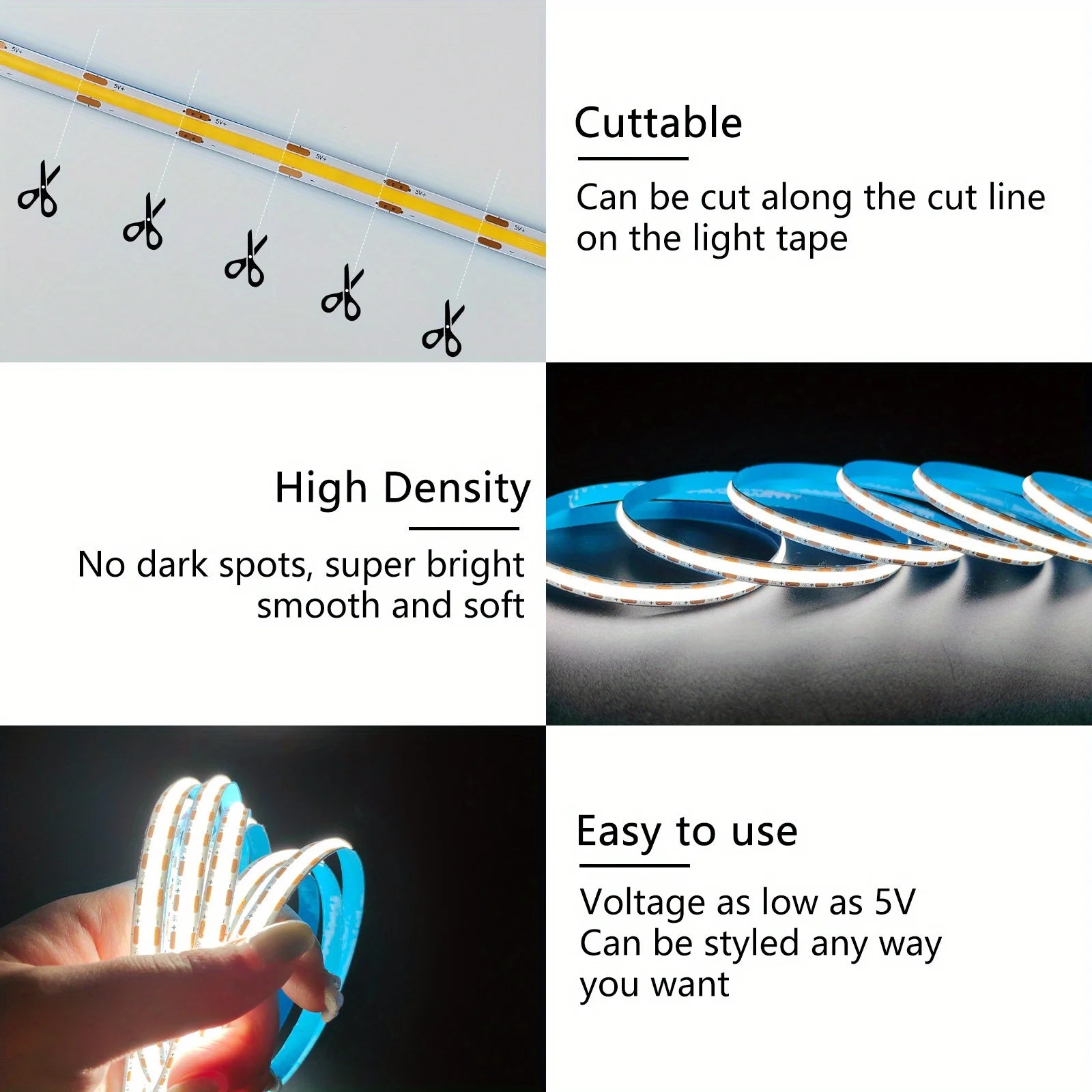 5V USB COB LED Strip Light Touch Dimmable - Flexible 1–5m (3.3–16.4 ft) Backlight for TV Mirror Cabinet
