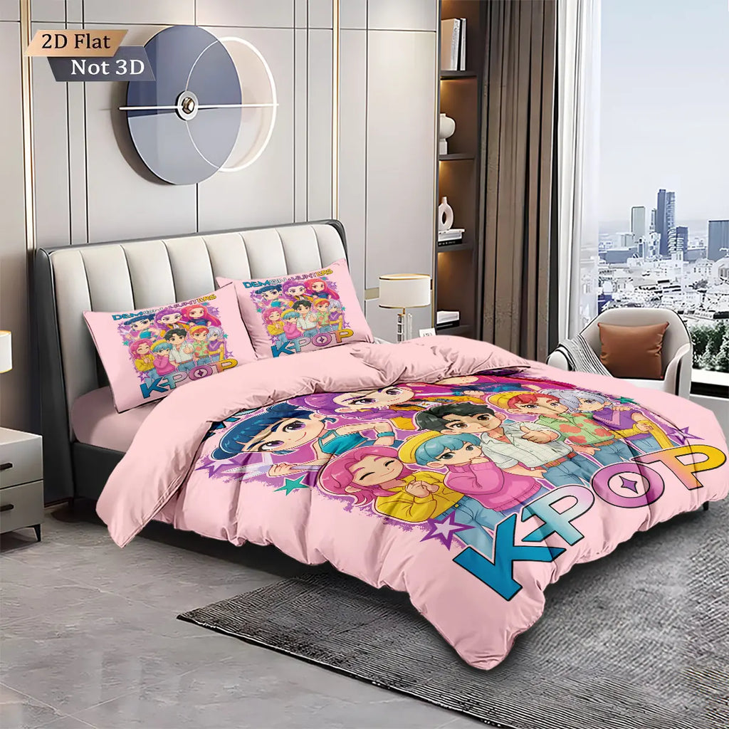3-Piece K-Pop Demon Hunters Print Microfiber Duvet Cover Set – Multi-Size Bedding for Dorms & Bedrooms, Soft & Machine Washable