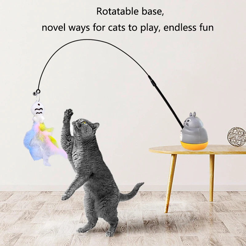 Interactive Feather Wand Cat Toy - Long Steel Wire Pole Rotating Fishing Toy for Kittens & Cats