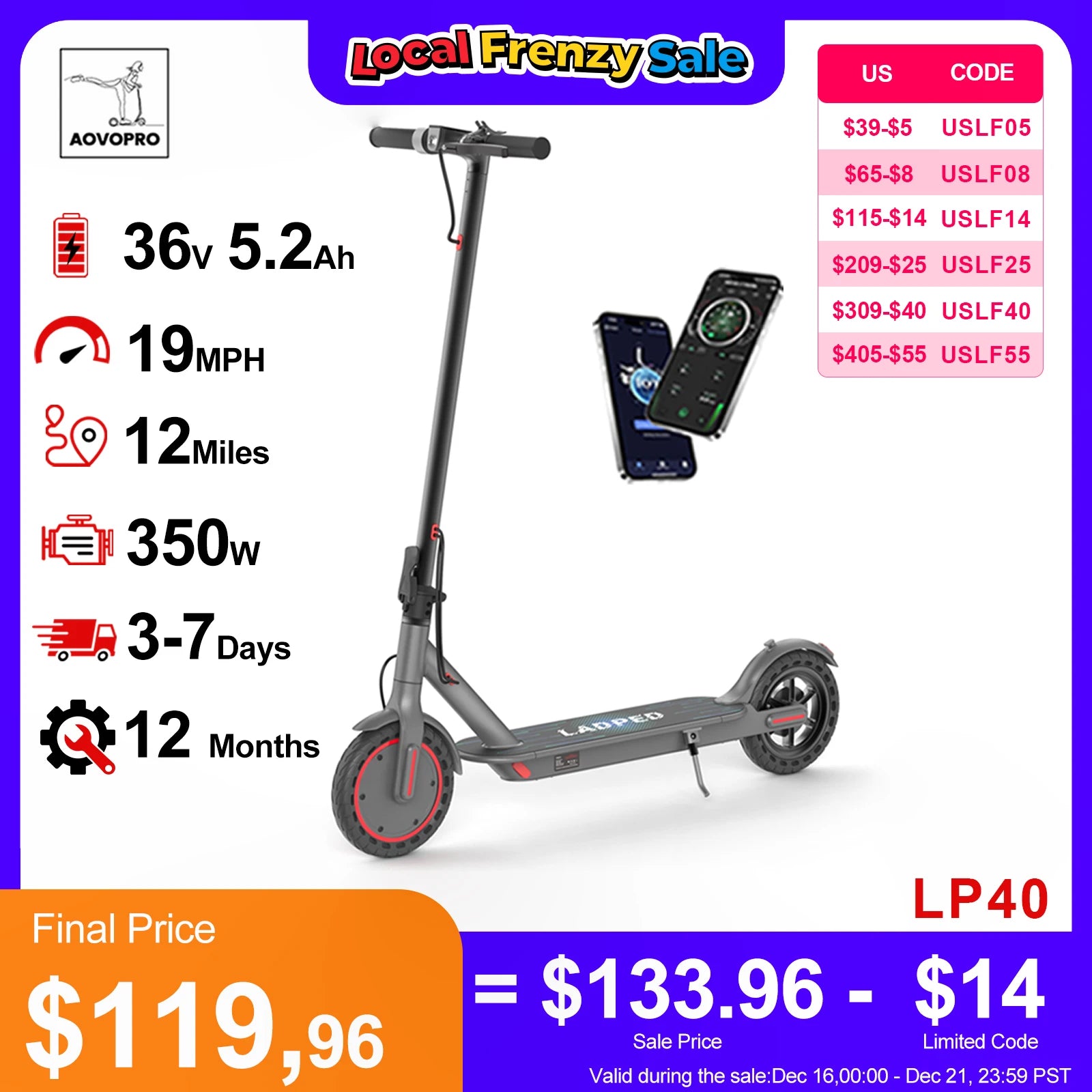 Foldable Electric Scooter 350W 19 mph — APP Smart Control, 4-Speed Modes, 16–40 Mile Range for Adults