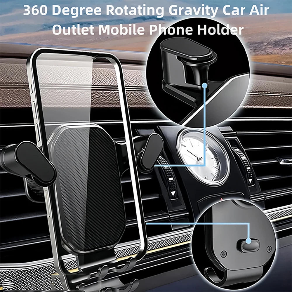Gravity Car Air Vent Phone Holder – Universal Clip Mount for 4–7 in (10.2–17.8 cm) Smartphones, Shockproof 360° Rotation