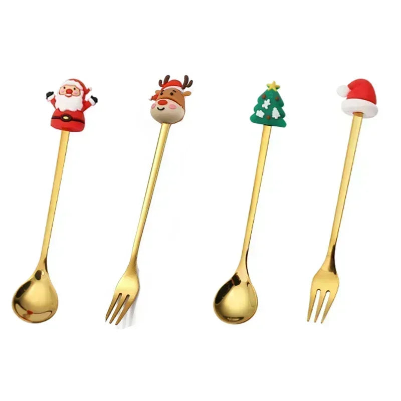 4-Piece Stainless Steel Christmas Cutlery Set – Spoon & Fork Holiday Table Decor with Elk & Tree Ornaments