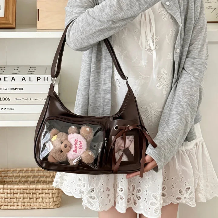 Harajuku Transparent Ita Shoulder Bag with Bow Accent – Korean Preppy School Crossbody Purse, Adjustable Strap