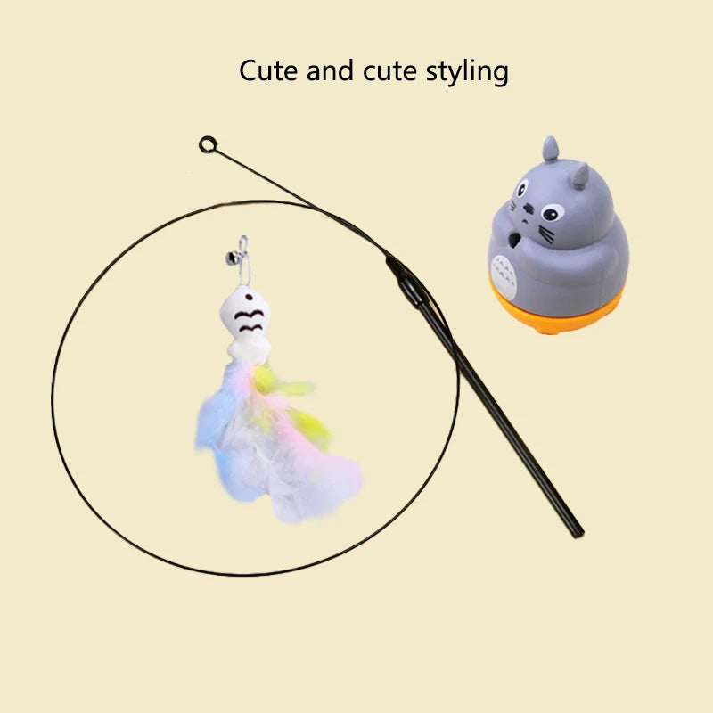 Interactive Feather Wand Cat Toy - Long Steel Wire Pole Rotating Fishing Toy for Kittens & Cats
