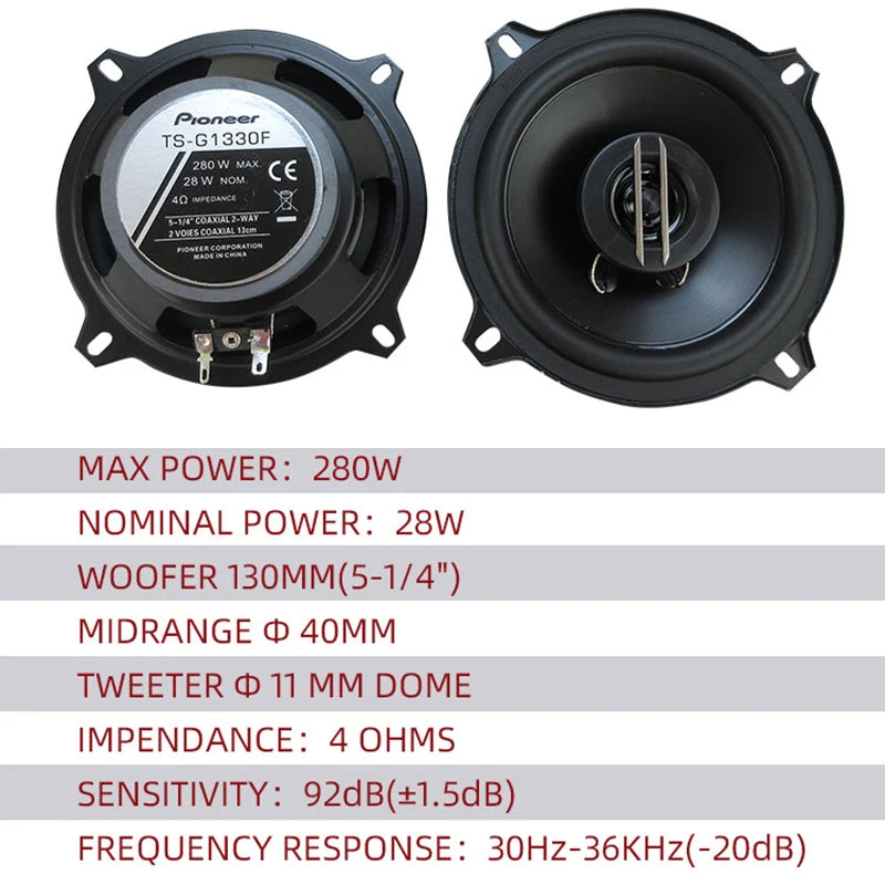 5.25" (130mm) Car Coaxial Speaker Pair 560W (2x280W) Full-Range High-Fidelity 4Ω 12V - Easy Install