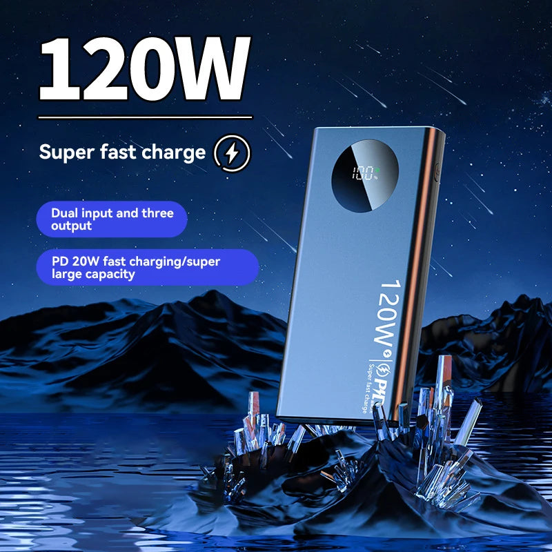 120W Fast Charging Power Bank – 50,000 / 100,000 / 200,000 mAh Portable Charger with Built-In Cable, USB-C & Dual USB, LED Display