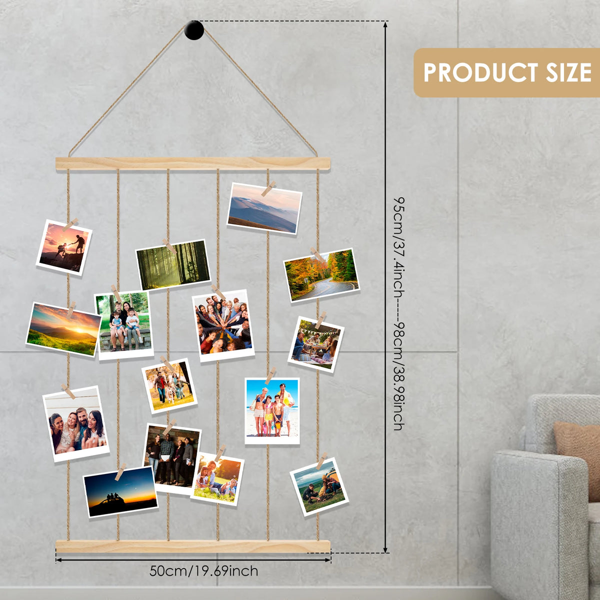 Wooden Hanging Photo Collage Frame with 30 Clips – Wall Photo Display, Approx. 50 cm x 95 cm (19.7 in x 37.4 in)
