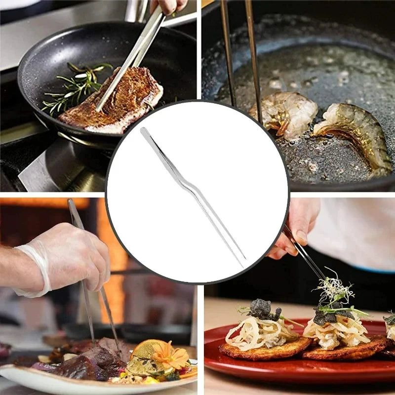 Stainless Steel Kitchen Tweezers & BBQ Tongs, Portable Food Clips — 1 or 3-Pack (14/16/20 cm | 5.5/6.3/7.9 in)