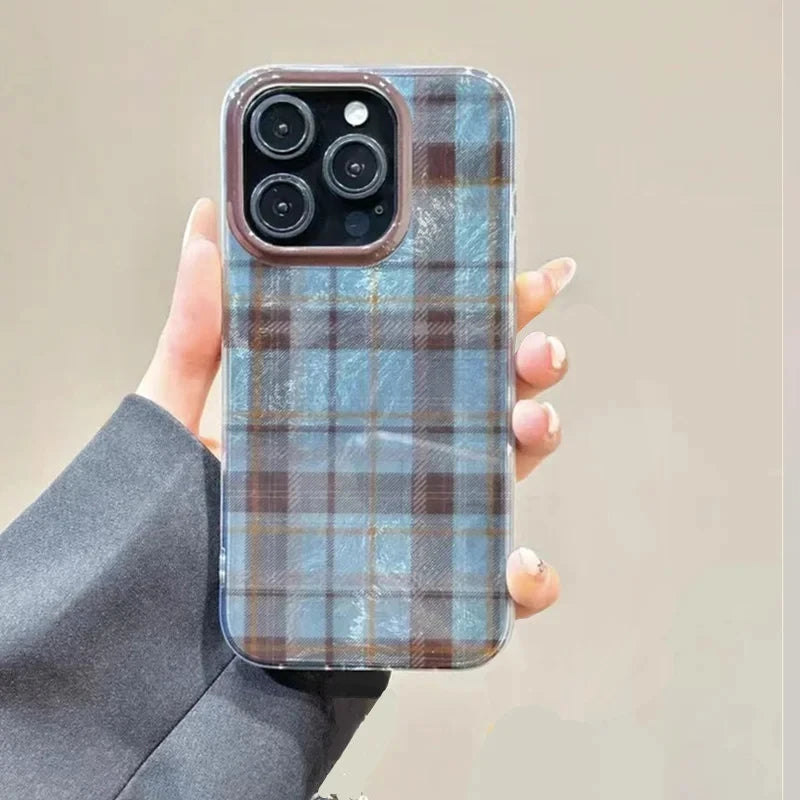 Dopamine Colorblock Plaid Full-Coverage Shockproof Phone Case – Patterned Protective Cover
