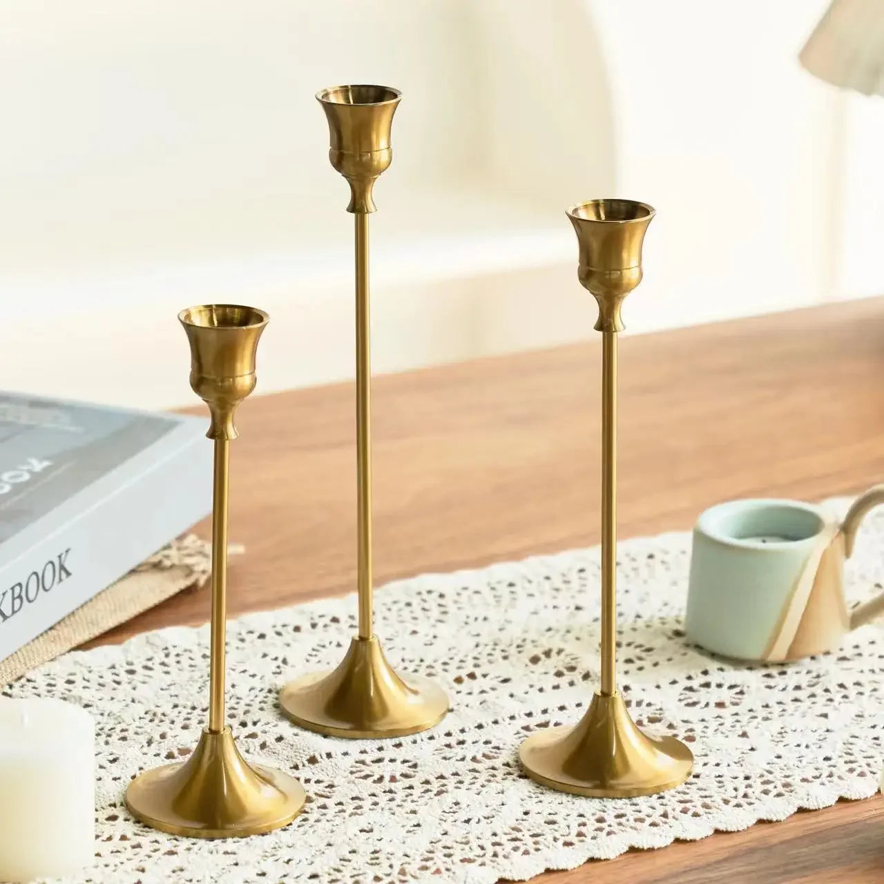 3-Piece Brass Gold Candlestick Holder Set 5.9/7.3/9.3 in (15/18.5/23.5 cm) Taper Candle Stands for Wedding & Home Decor