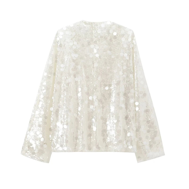 Women’s Sequin Kimono Jacket V-Neck Long Sleeve Patchwork Wrap Coat with Lace-Up Belt
