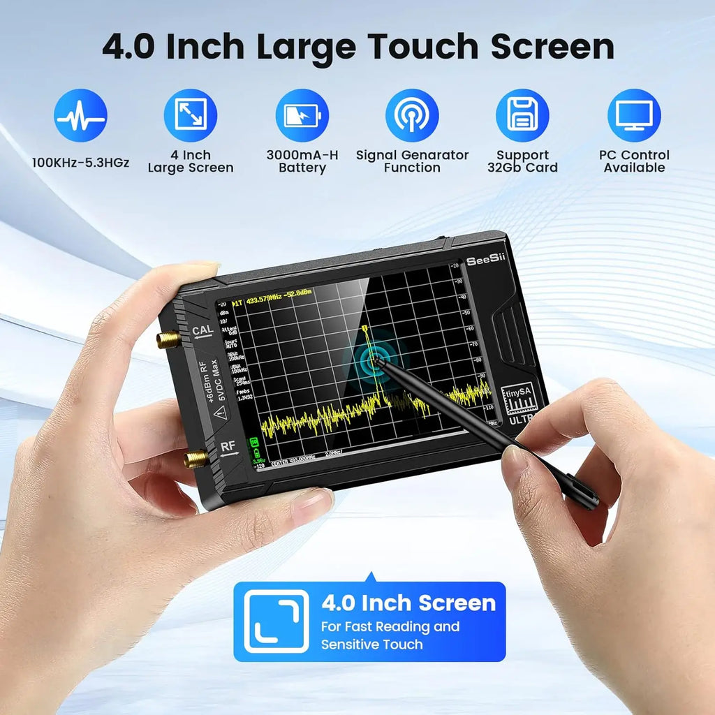 Handheld 4-Inch (10.2 cm) Portable Spectrum Analyzer 100 kHz–5.3 GHz with 32GB microSD — Signal Generator & USB PC Control