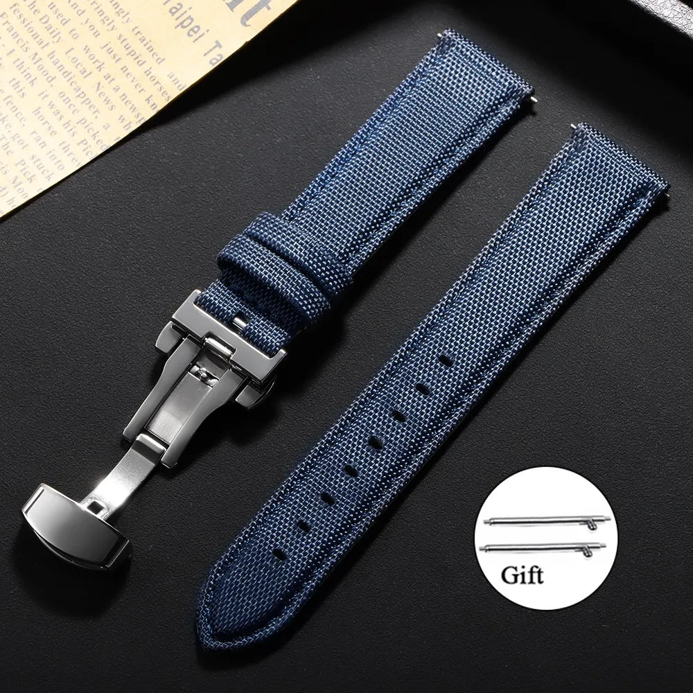 Sailcloth Nylon Leather Watch Strap 20mm 22mm Quick-Release Waterproof Butterfly Clasp Unisex Business Watch Band