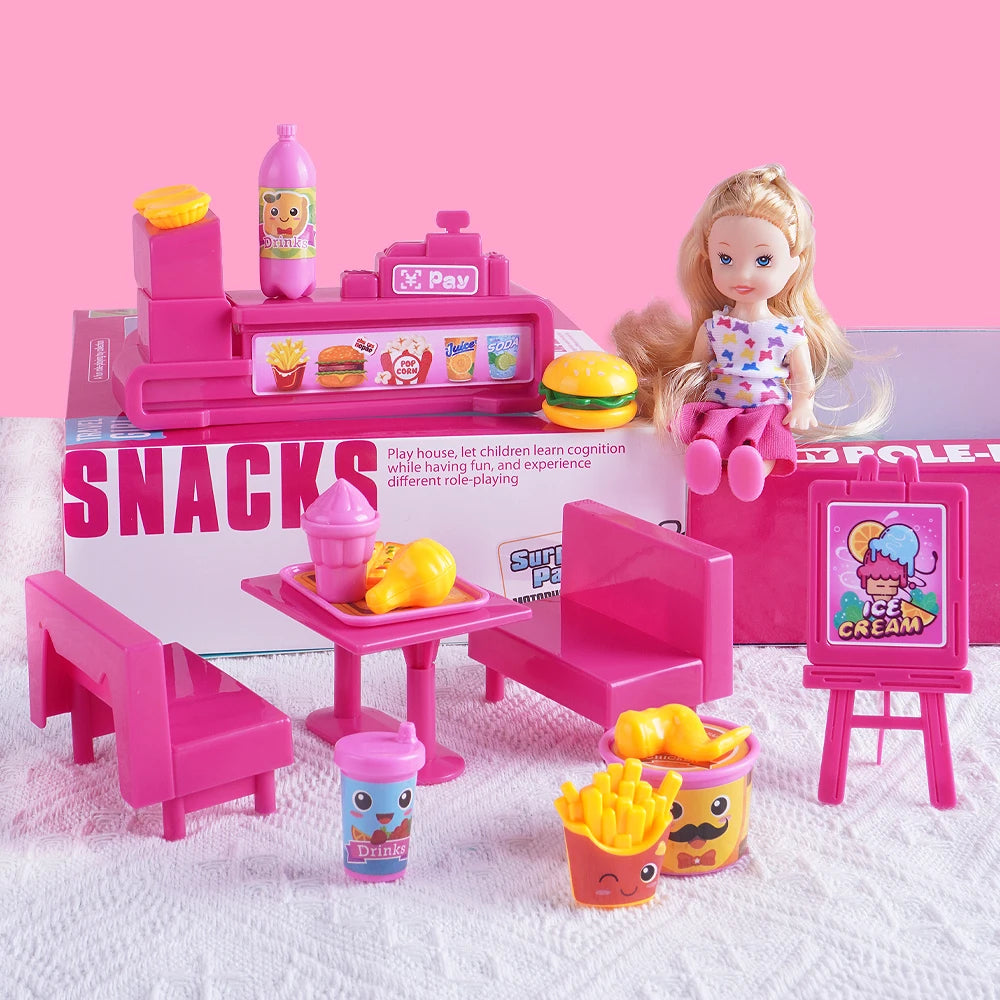 Mini Fashion Doll Playset for Kids with Pet Dog & Convertible Car — Dollhouse Kitchen & Seaside Restaurant Accessories
