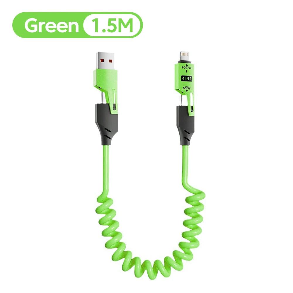 4-in-1 65W Telescopic Spring USB Cable – 6A Fast Charging & Data Sync (USB-C, Lightning, Micro USB)