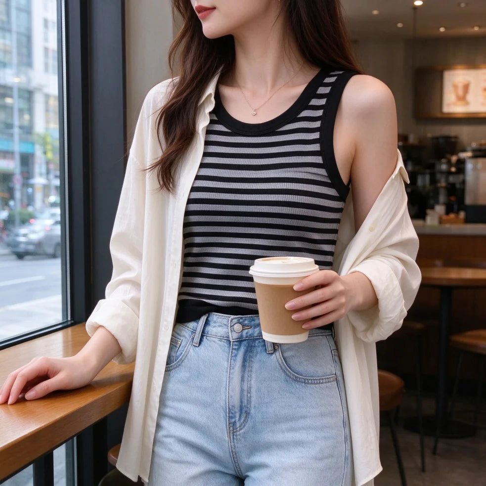 Ribbed Striped Women's Tank Top - Sleeveless Summer Top for Ladies