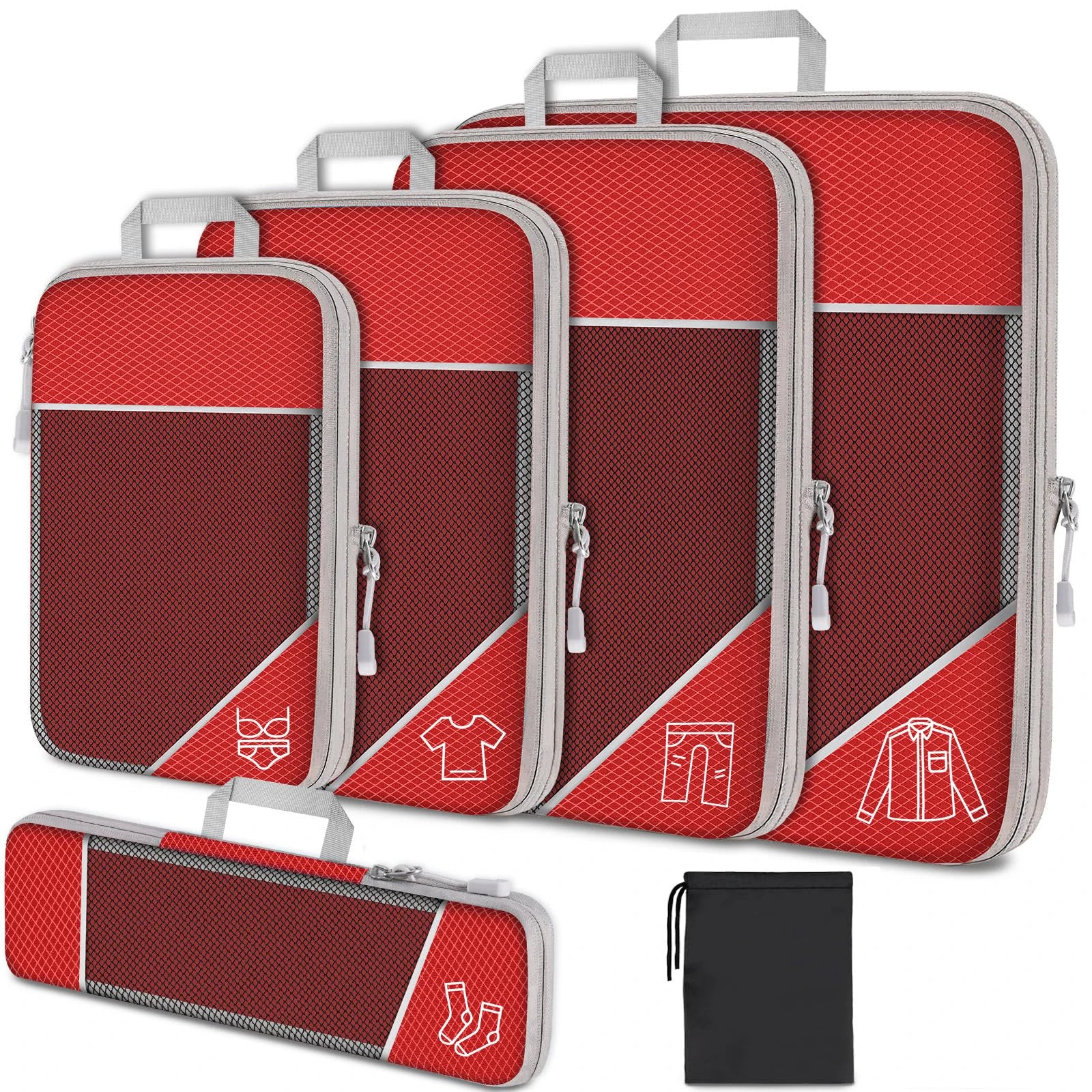 6-Piece Travel Compression Packing Cubes Set with Shoe Bag - Mesh Lightweight Luggage Organizers