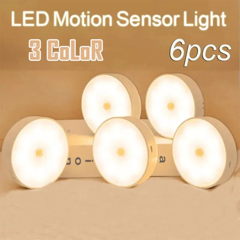 2-6 Pack Motion Sensor LED Night Lights - USB Rechargeable 3-Color Cabinet Closet Staircase Wireless Lamp