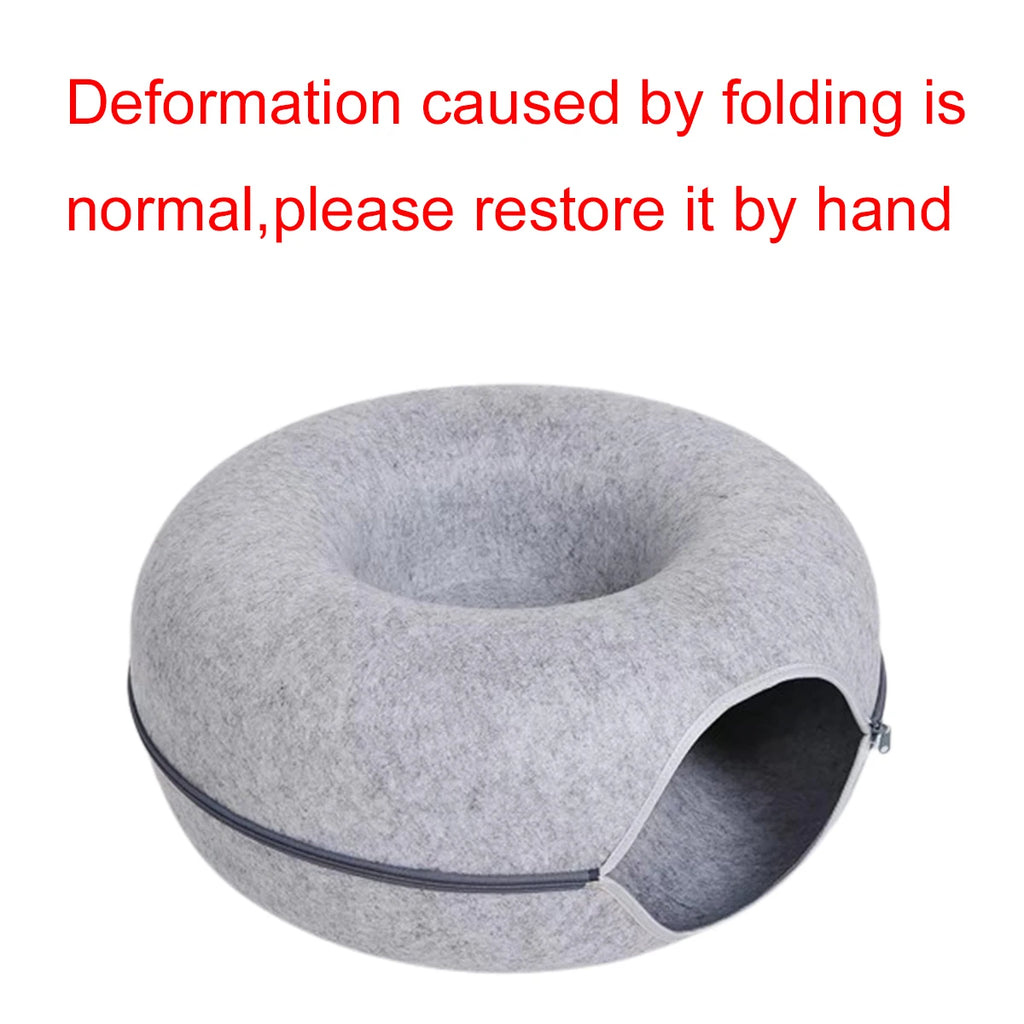 2-in-1 Felt Donut Cat Bed & Tunnel — Foldable Felt Nest with Breather Hole — M 50x50x20 cm (19.7x19.7x7.9 in) / L 60x60x28 cm (23.6x23.6x11.0 in)