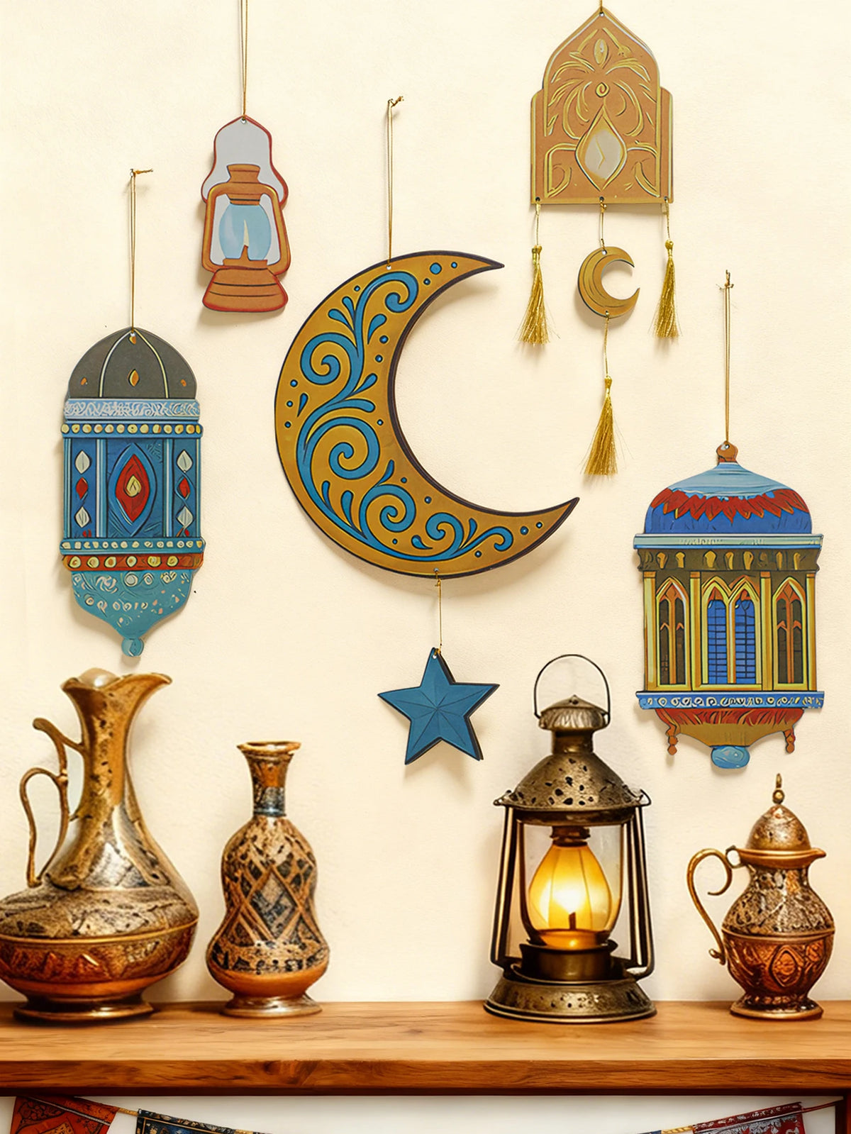 Ramadan Moon and Star Lantern Wall Decor with Tassel – Eid Mubarak Hanging Ornament for Muslim Festival Home Gift
