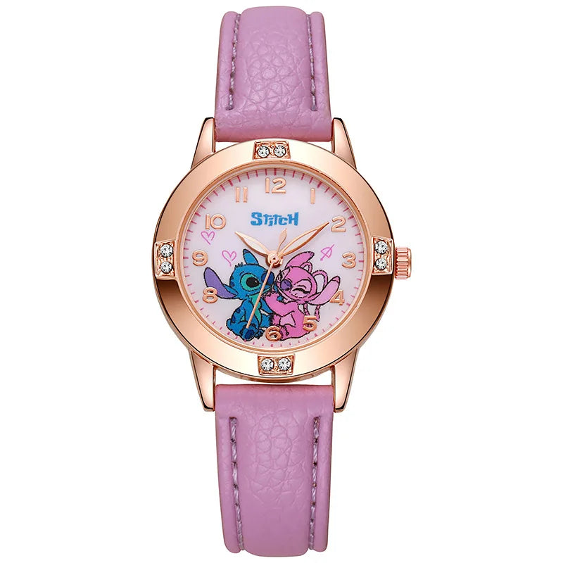 Girls Cartoon Leather Strap Watch with Rhinestone Dial — Rose Gold Cute Kids Watch