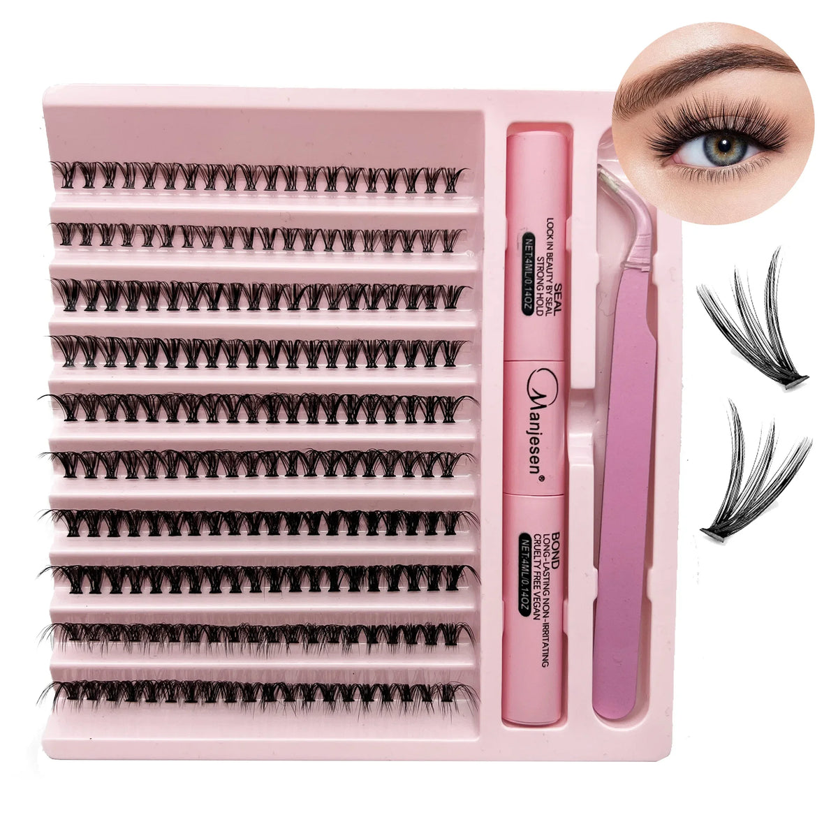 DIY Eyelash Extension Kit – Cluster Lashes with Dual-Ended Bond & Seal Glue, Tweezers and Makeup Accessories