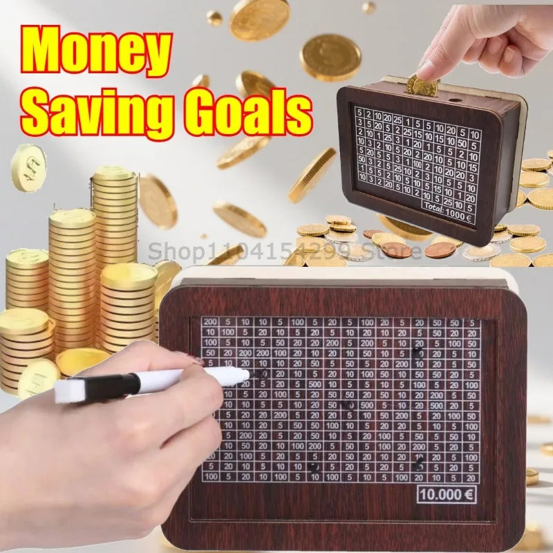 Wooden Piggy Bank Money Box - Reusable Handmade Savings Box with 10,000 Goal Tracker