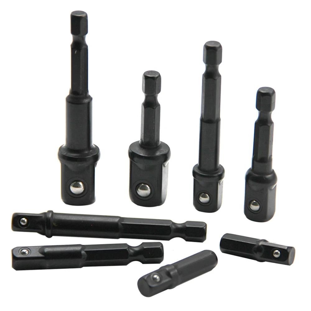 8-Piece Black Drive Adapter & Extension Rod Set for Screwdrivers — 1/4, 3/8, 1/2 in (6.35, 9.53, 12.7 mm), Assorted 25–73 mm