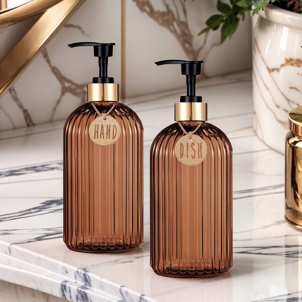 Amber Refillable Dish & Hand Soap Dispenser Bottle 500ml (16.9oz) Pump for Kitchen and Bathroom
