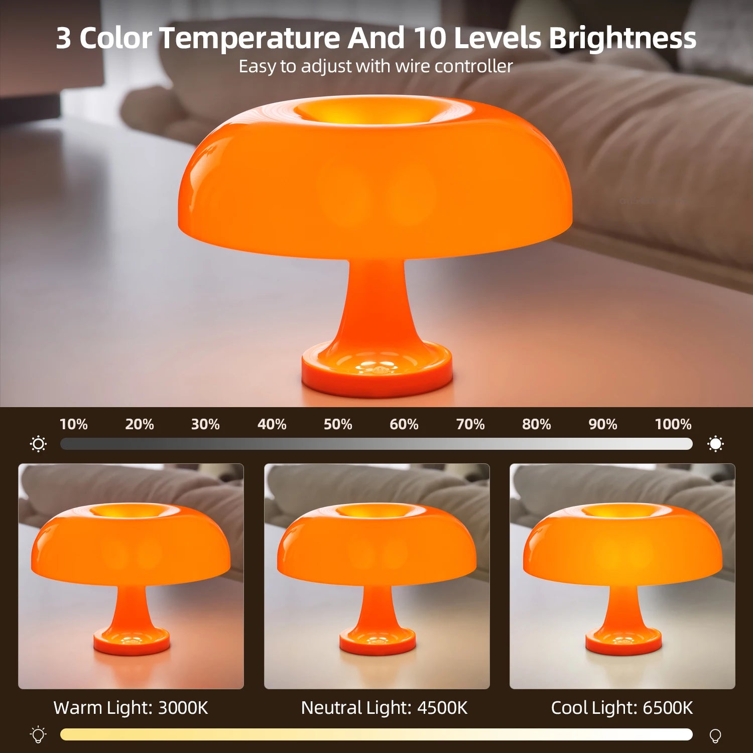 Mushroom Table Lamp Modern Bauhaus Bedside LED Lamp USB-C Rechargeable 3-Color Dimmable Orange
