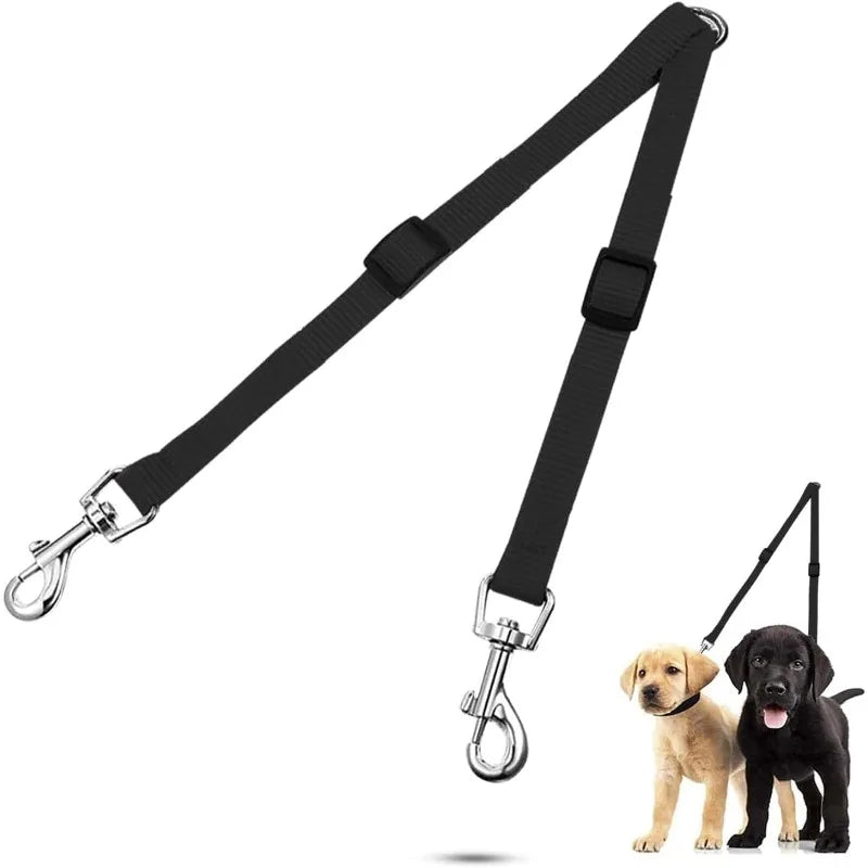 Adjustable Double Dog Leash — No-Tangle 2-Dog Distributor Lead, 30–50 cm (12–20 in) Nylon Walking Leash, Black