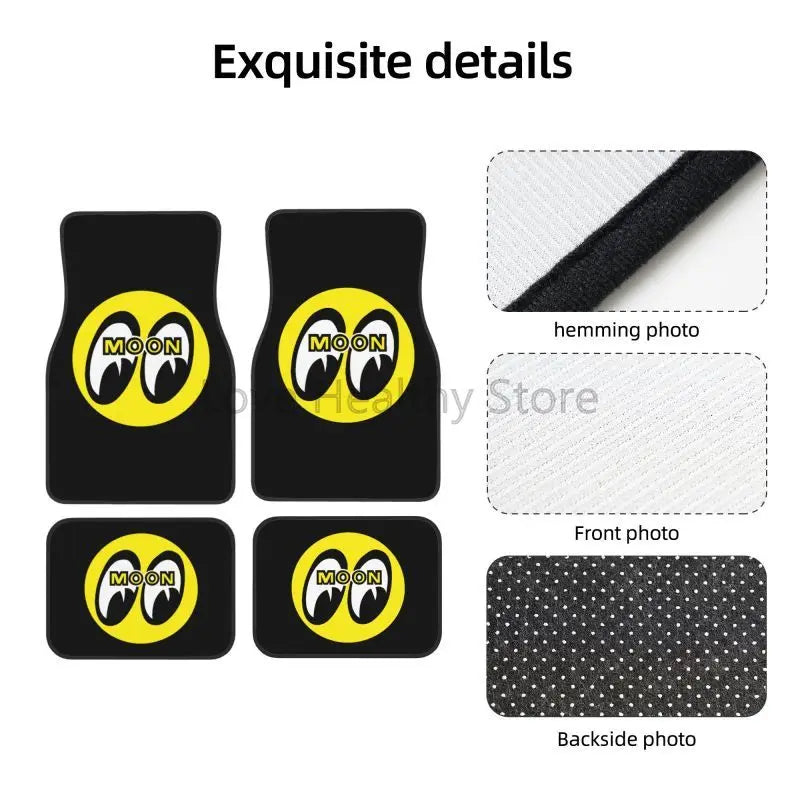 Moon Eyes Motorcycle Racing 4-Piece Car Floor Mats – Front 17.3×27 in (43.9×68.6 cm) & Rear 17.3×13.4 in (43.9×34.0 cm) Neoprene Rubber-Back All-Weather Mats