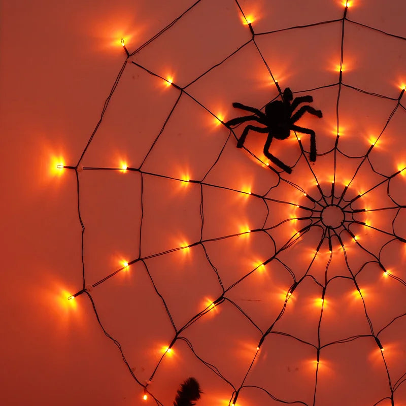 Giant LED Spider Web String Lights with Plush Spider – Luminous Halloween Window & Haunted House Decor
