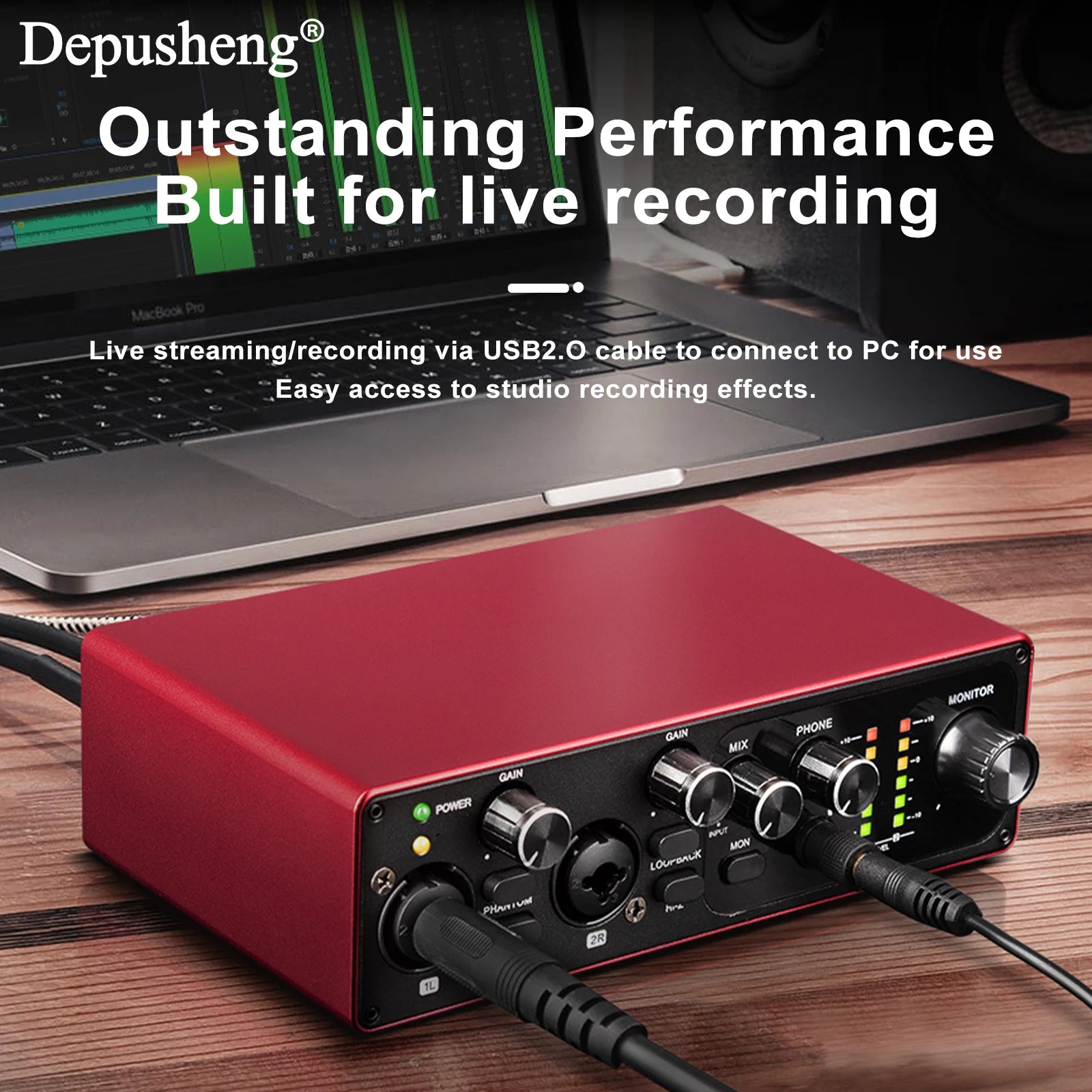 2-Channel USB Audio Interface with 48V Phantom Power for Live Streaming, Studio Recording & Podcasts