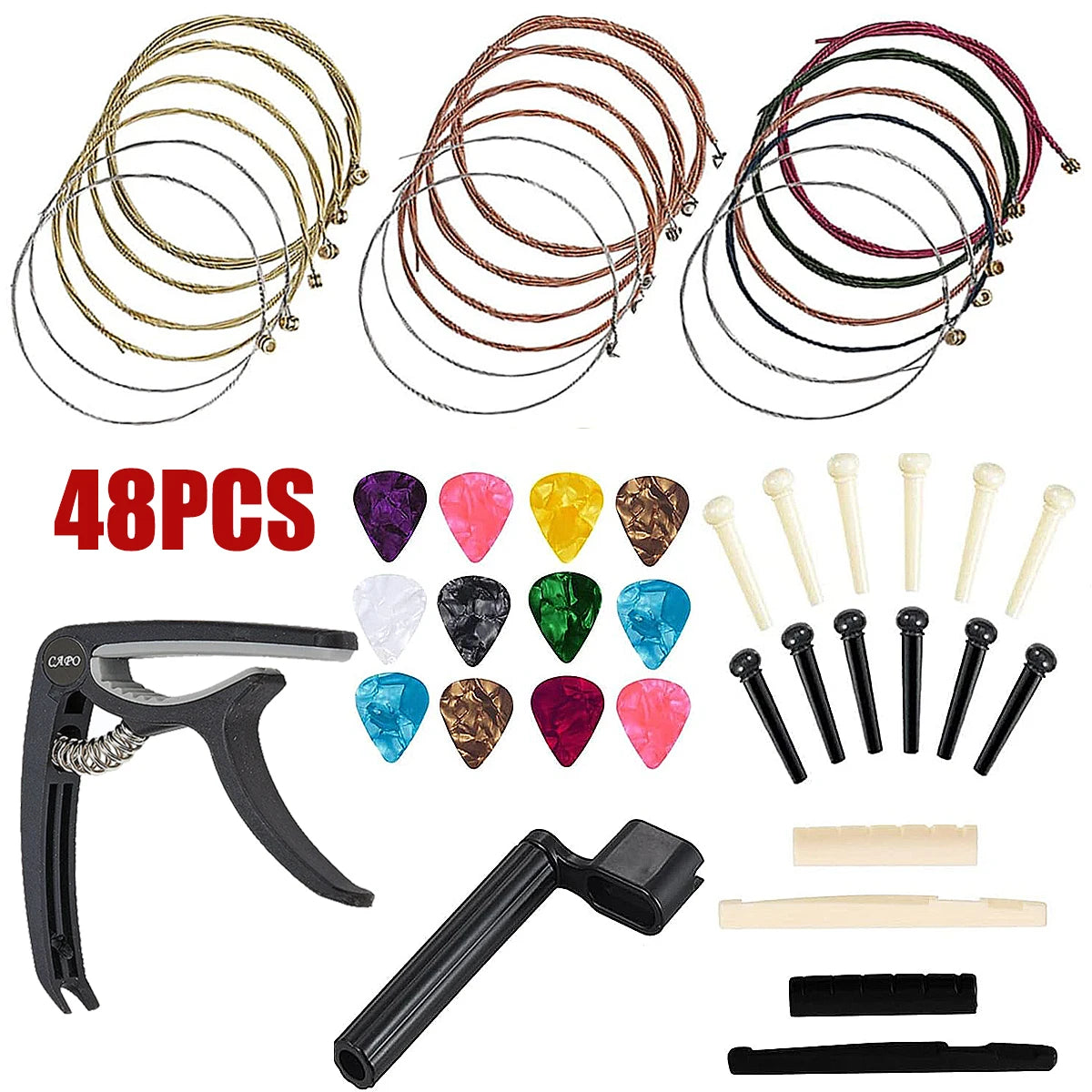 48-Piece Acoustic Guitar Accessory Kit, Capo, 3 Sets Strings, 12 Picks, Winder, Bridge Pins & Saddles — All-in-One Guitar Maintenance Kit