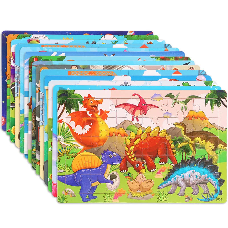 30-Piece Wooden Jigsaw Puzzle for Kids, Cartoon Animals & Vehicles, Early Learning Toy