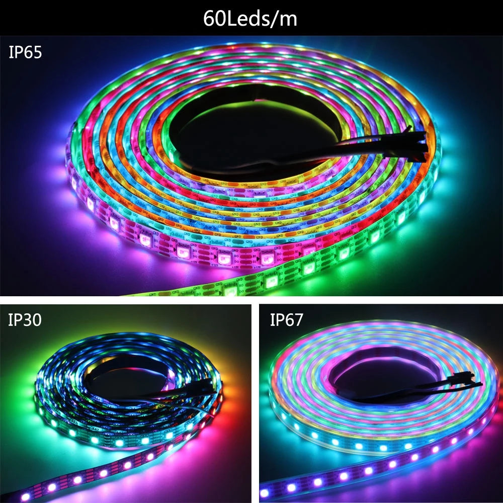 5050 RGB Addressable LED Strip Lights – Individually Addressable 30/60/144 LEDs per Meter, Smart RGB Tape, 5V/12V DC, IP30/IP65/IP67