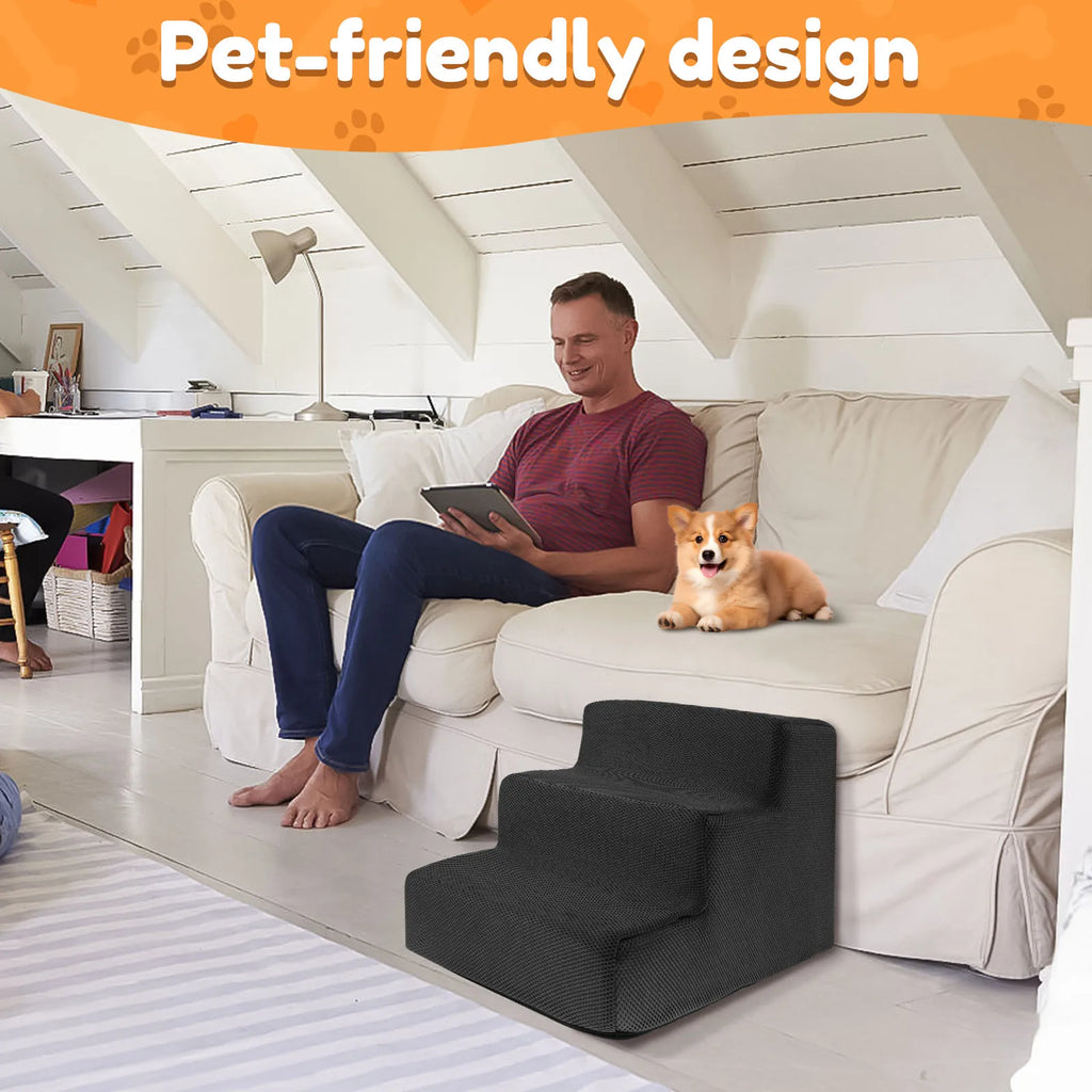 3-Step Pet Stairs for Small & Medium Dogs and Cats — 34 x 40 x 30 cm (13.4 x 15.7 x 11.8 in) High-Density Foam, Non-Slip, Removable Washable Cover