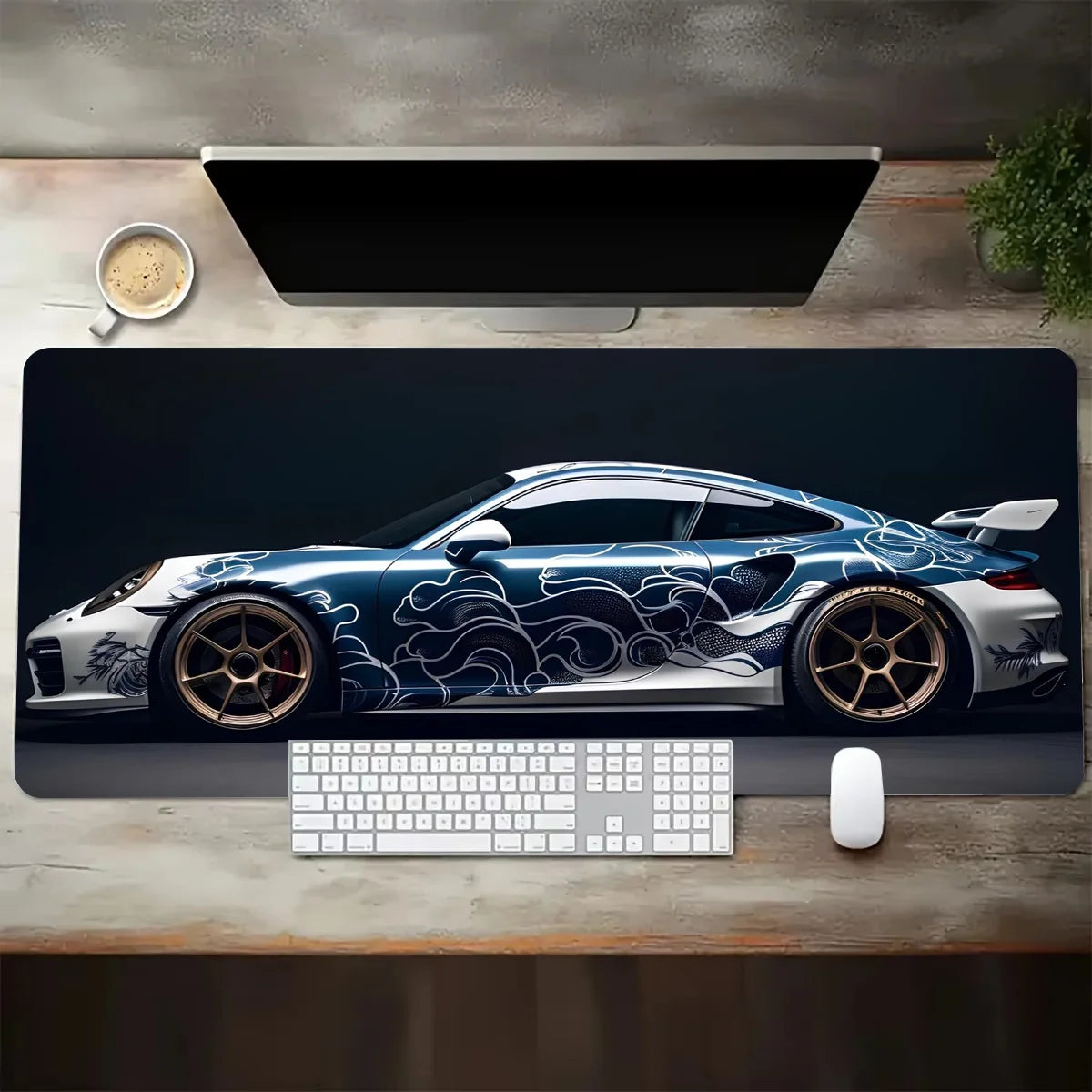 Large Extended Gaming Mouse Pad – White Sports Car Design, Anti-Slip Rubber Base Desk Mat for Gamers & Office