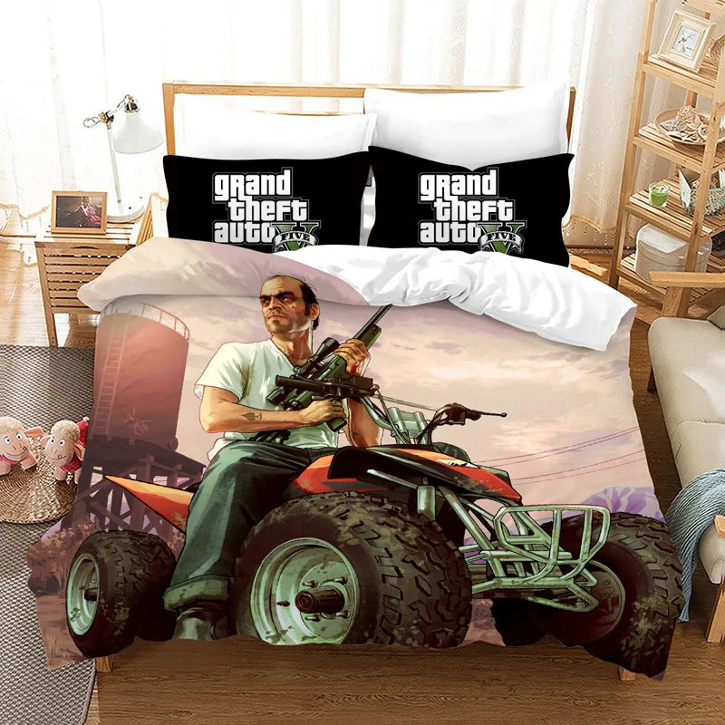 GTA V Cartoon 3-Piece Bedding Set — Printed Duvet Cover & 2 Pillowcases, Twin to King (68×86–104×90 in / 172×218–264×228 cm)