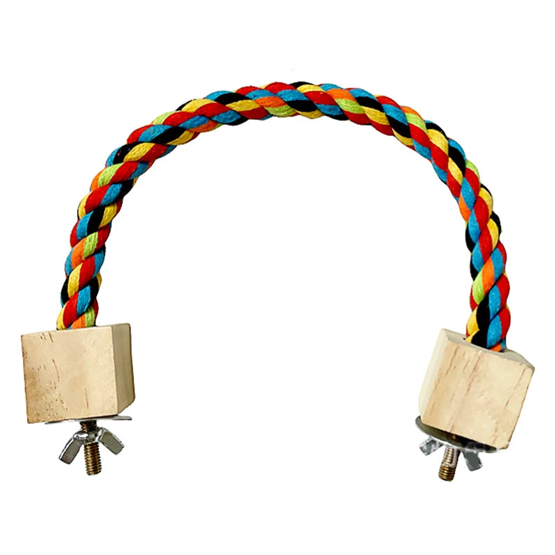 Colorful Cotton Rope Parrot Toy with Wooden Perch and Elastic Climbing Swing for Parrots & Small Birds
