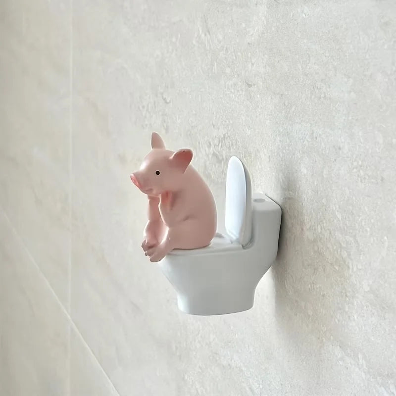 Resin Pig Figurine on Toilet - Quirky Desk, Shelf & Wall Decor for Home Office