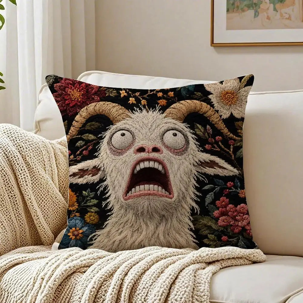 Funny Screaming Goat Plush Pillow Cover — Short Plush Cushion Case, Breathable & Washable with Invisible Zipper