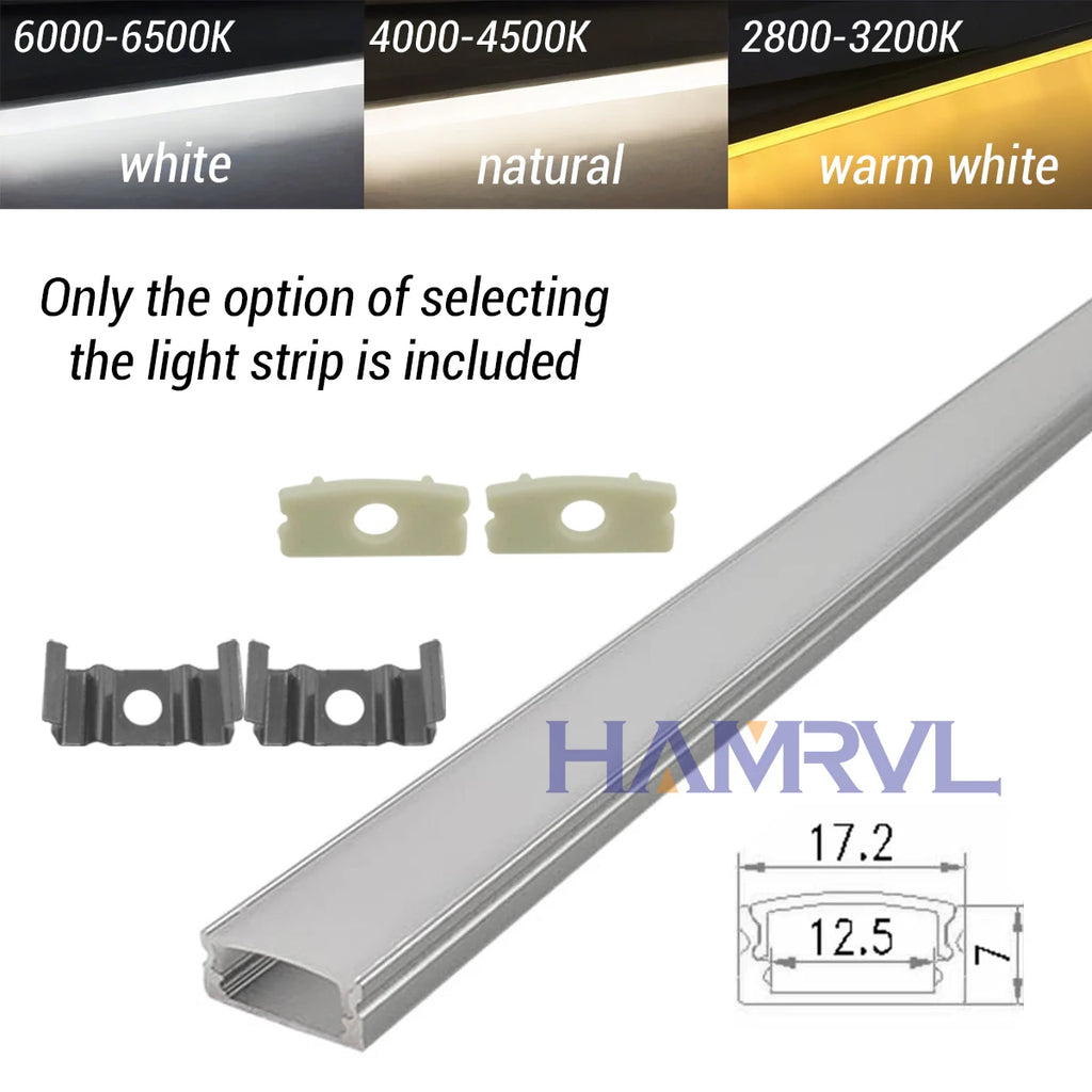LED Aluminum Channel Profile 1m / 0.5m with Diffuser — Black/White/Clear Covers for 5050 & 5630 LED Strips, DC 12V, Warm/Natural/Cool White