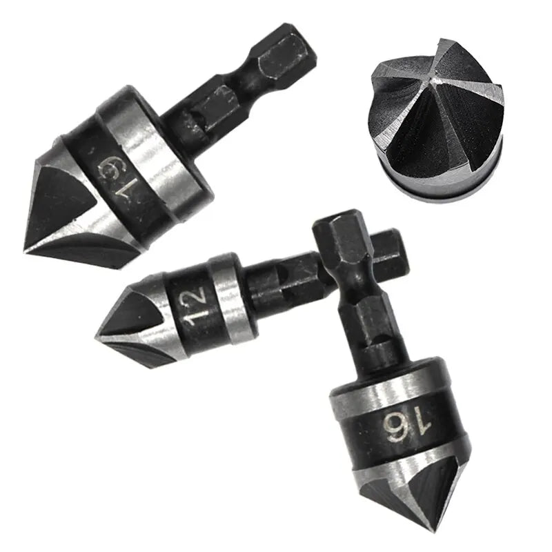 3-Piece 90° Five-Blade Countersink Bit Set - Hex Shank 12/16/19mm (1/4 in / 6.35mm) for Wood